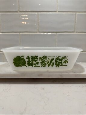 Vintage Retro Collectors Glasbake Loaf Herb Pattern White Milk Glass Loaf Pan